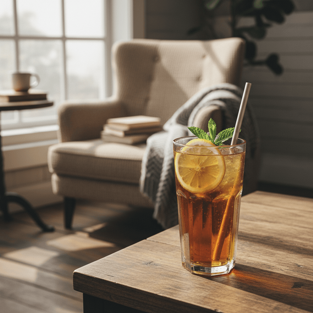 An iced tea in a tall glass with lemon and mint on a table in a cozy cafe