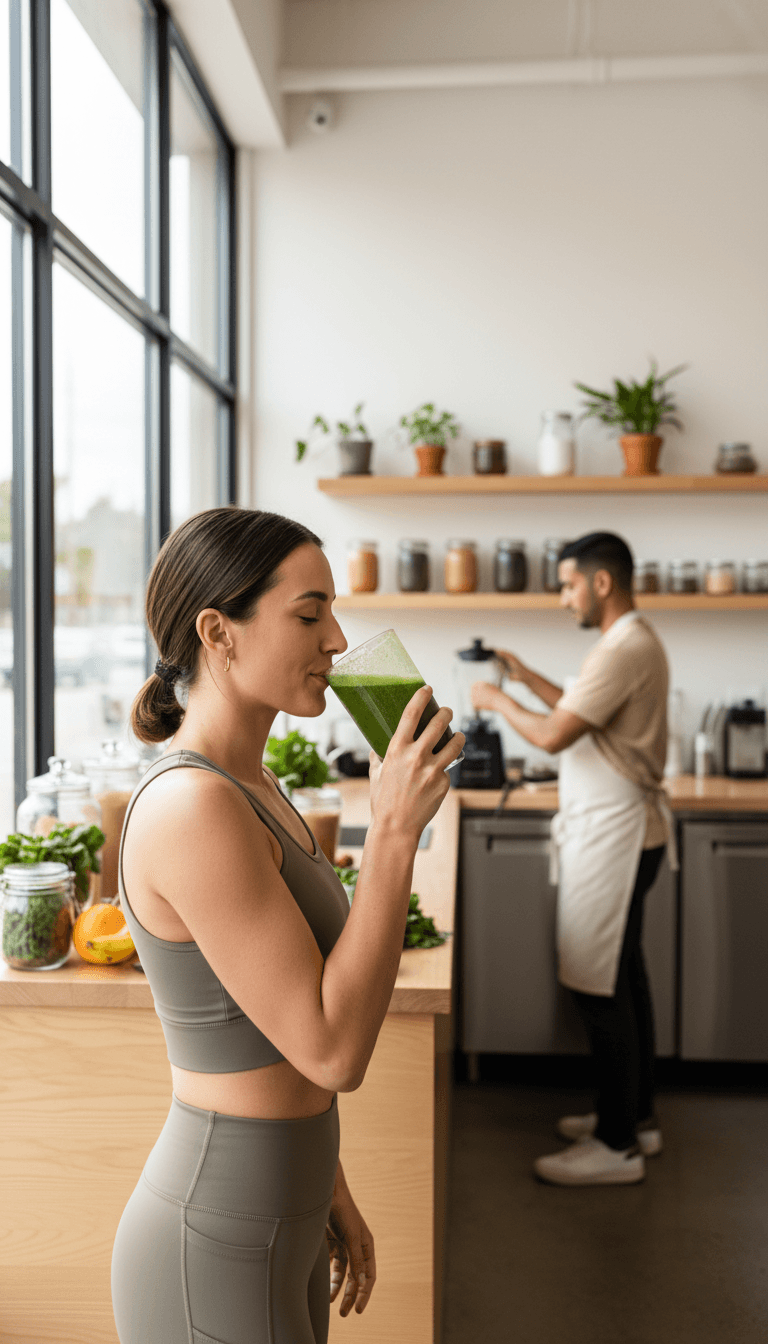 Smiling customer holding a healthy drink at a cafe