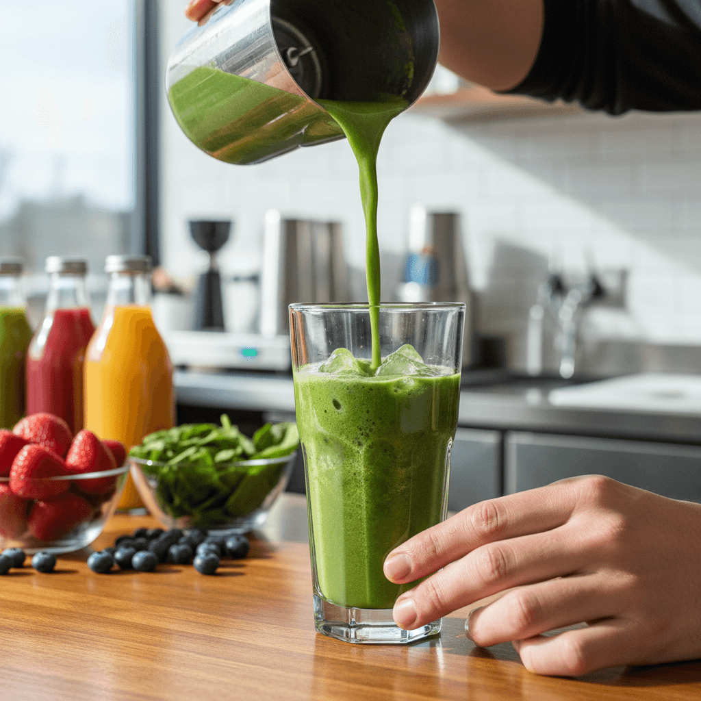 Barista blending a fresh smoothie in a bright cafe