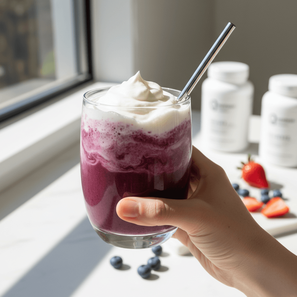 Colorful healthy energy drink served over ice