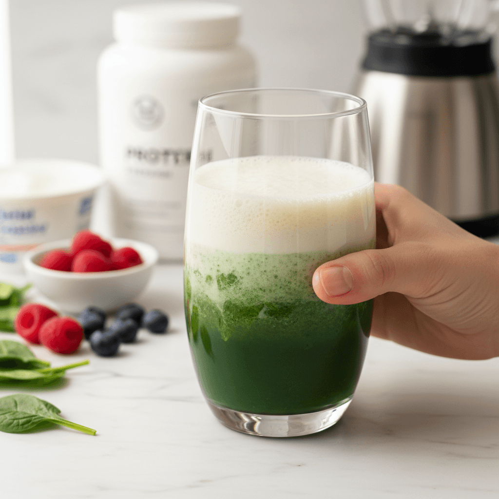 Colorful protein shake being prepared at a modern nutrition club counter