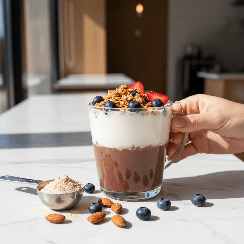 Creamy chocolate protein shake in a tall glass