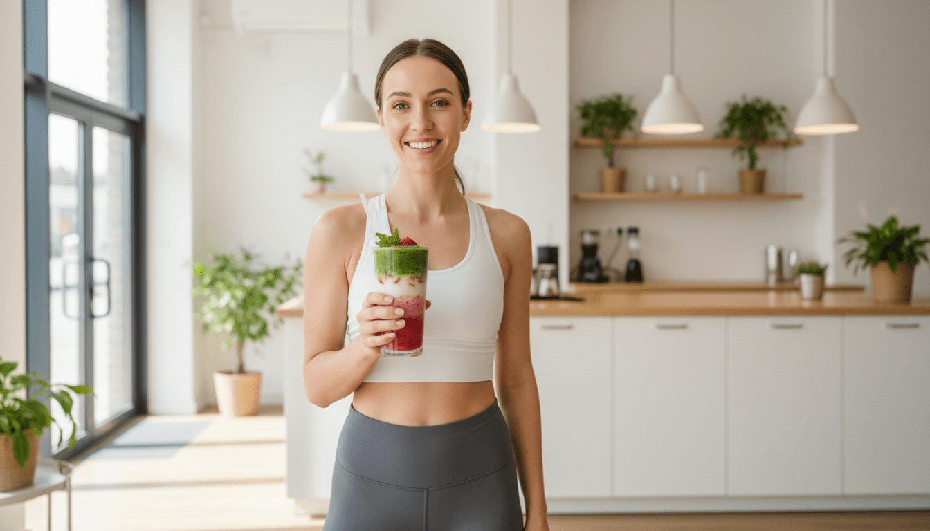 Latina woman owner smiling warmly behind counter in a bright modern nutrition club