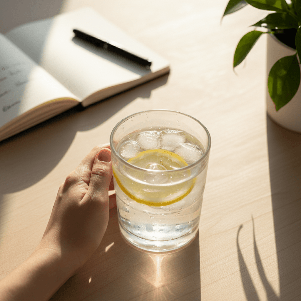 Person drinking a glass of water with lemon in a bright kitchen