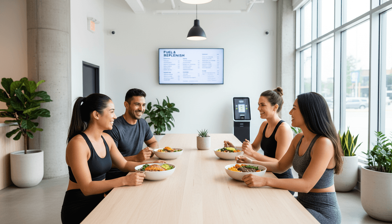 Group of friends cheering together at a nutrition club