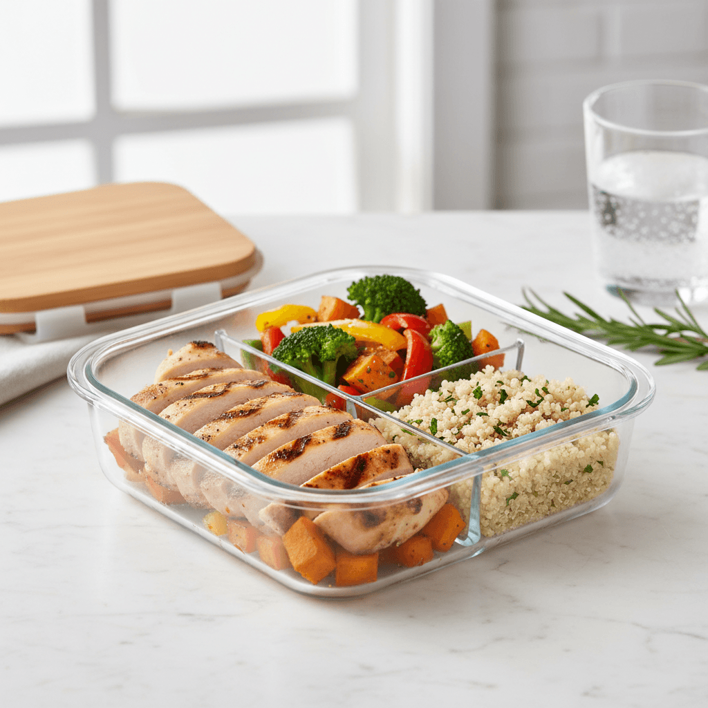 Healthy meal prep containers with fresh food on a kitchen counter